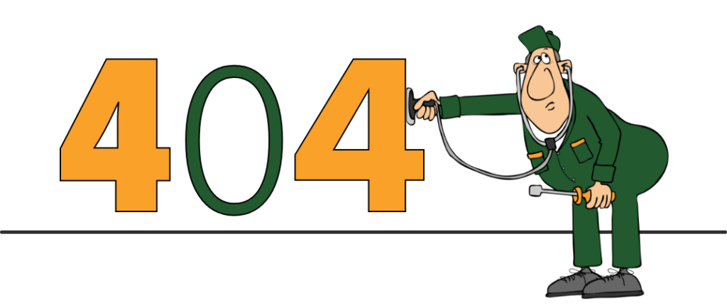 This is a clipart image of a man listening to the numbers 404 with a stethoscope.